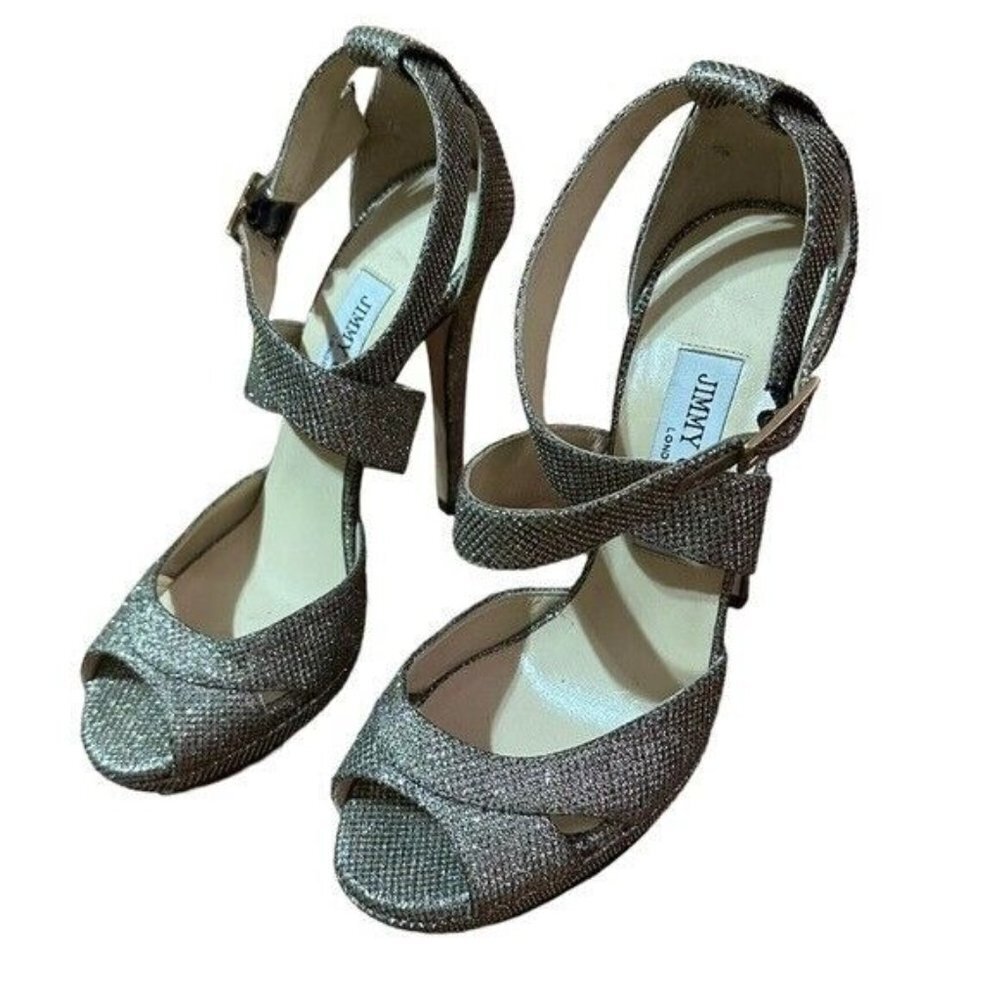 Jimmy Choo Silver Lamé Glitter Kuki Platform Sandals Size 38.5 - Picture 3 of 7
